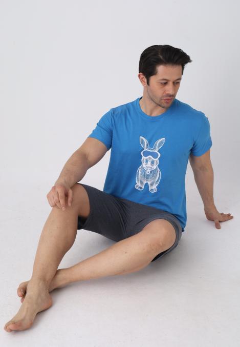 Pijama barbat cu maneca scurta si pantaloni 3/4, culoare albastru, Engros